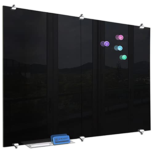 Black Glass Dry Erase Board Large 72" x 43", Magnetic Glass Whiteboard for Wall, Home Office Glass Blackboard Frameless, 6 x 3.5' - 4 Markers, 1 Eraser, 1 Tray