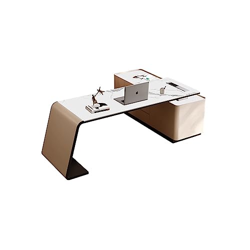 BinOxy Modern Boss Office Desk and Chair Combination - Khaki, Long Cabinet