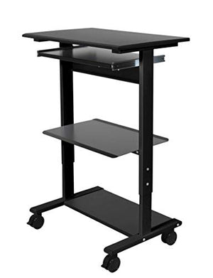 Stand Up Desk Store Mobile Rolling Adjustable Height Standing Workstation with Printer Shelf and Slideout Keyboard Tray (Black Frame/Black Top, 30" Wide)