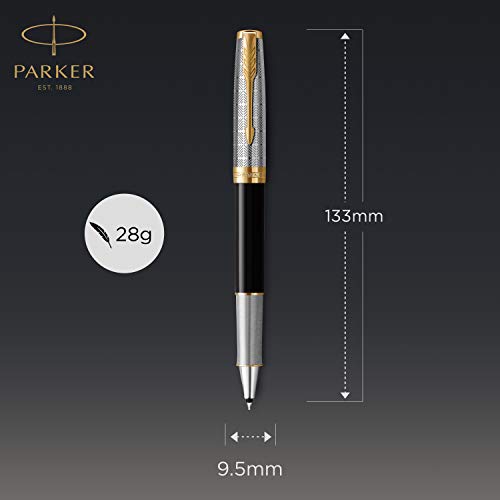 PARKER Sonnet Rollerball Pen | Premium Metal and Black Gloss Finish with Gold Trim | Fine Point with Black Ink Refill | Gift Box
