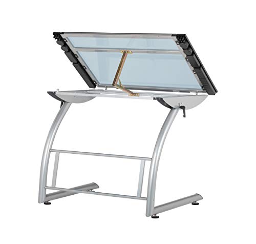 SD STUDIO DESIGNS Triflex Drawing Table, Sit to Stand Up Adjustable Office Home Computer Desk, 35.25" W X 23.5" D, Silver/Blue Glass