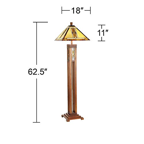 Mission Floor Lamp with Nightlight Walnut Wood Column Stained Glass Shade for Living Room Reading Bedroom - Robert Louis Tiffany