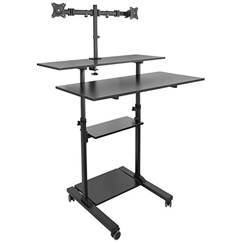 Mount-It! Mobile Standing Desk with Dual Monitor Mount - 40 Inch Wide Height Adjustable Rolling Computer Workstation with Four Wheels,