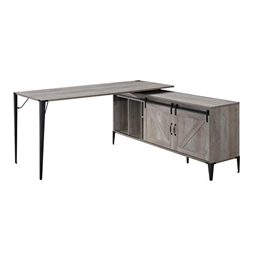 Knocbel Industrial L-Shaped Computer Desk with Sliding Barn Door Storage Cabinet, Home Office Workstation Writing Desk with Metal Legs, 65" L x 65" W x 31" H (Gray Oak and Black)