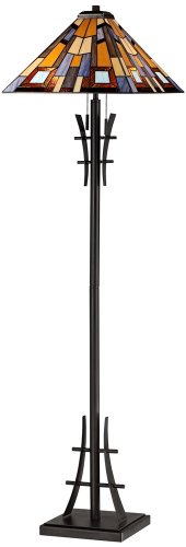 Robert Louis Tiffany Mission Modern Tiffany Style Standing Floor Lamp 62" Tall - Bronze Iron Jewel Tone Stained Art Glass Shade - Living Room Decor