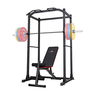 papababe Power Rack-1200 LB Capacity Power Cage, 2"x 2" Steel Squat Stand Rack with J-Hooks for Bench Press, Weightlifting and Strength Training with Adjustable Bench