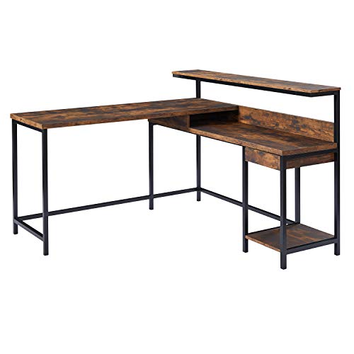 TANGFUTI L-Shaped Computer Desk with Monitor Shelf and CPU Stand, Industrial Corner Office Desk Study Desk Large Workstation for Home and Office (Brown)