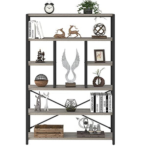 LVB Industrial 6 Tier Bookshelf, Rustic Vintage Etagere Bookcase, Gray Wood and Metal Shelf