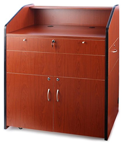 Displays2go Heavy Duty Podium Presentation Stand, Locking Drawer and Cabinet, Hidden Wheels (LMMD40DC)