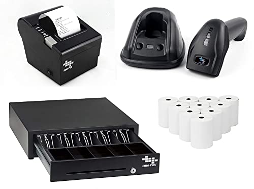 EOM-POS Cash Register Drawer + Thermal Receipt Printer (80mm) + Barcode Scanner (Cordless) [Black]+ 10 Rolls of Receipt Paper