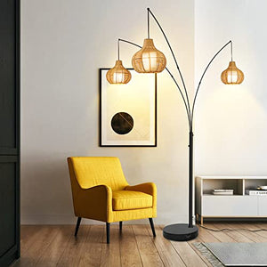 Depuley Adjustable 3-Light LED Arc Floor Lamp with Bamboo Lampshades & Marble Base