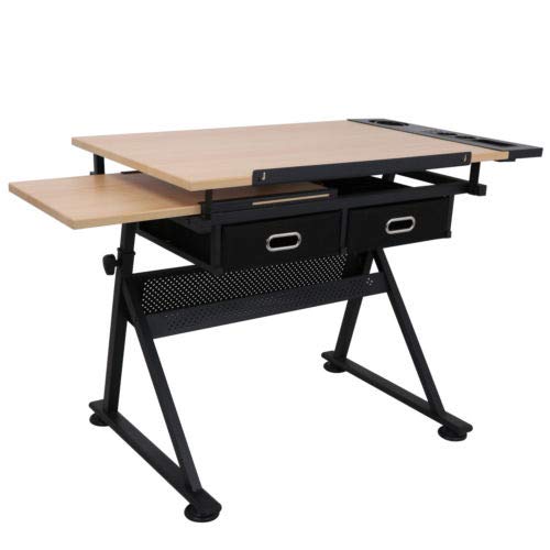 Premium WIsh Outlet Adjustable Drawing Desk Drafting Table Tempered Glass Top Art Craft Station (Wooden)