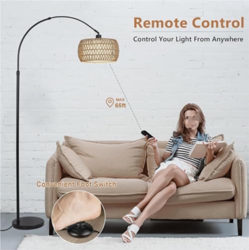 Habrur Boho Floor Lamp with Rattan & Fabric Shades - Modern Arc Floor Lamp