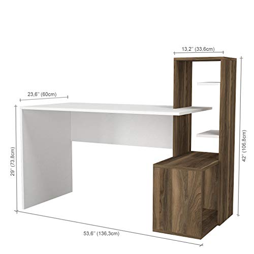 MAKENZA Serra Office Desk Modern Living Room Furniture with Adjustable Shelves & One Hidden Cabinet, Writing Workstation Table Compatible for Home, Office Study (White-Walnut)