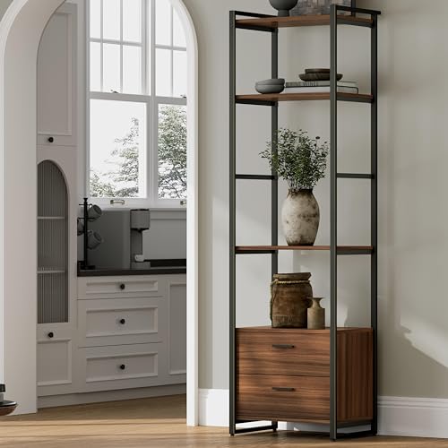 EUREKA ERGONOMIC Tall Bookshelf with 2 Drawers, 85" 5-Tier Walnut Bookcase