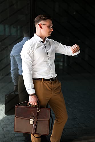 Full Grain Leather Briefcase Handmade Brown Laptop Bag Classic Style - Time Resistance