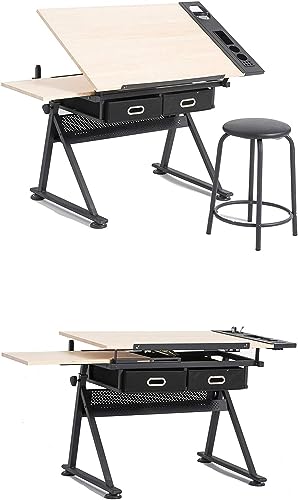 OGRAFF Height Adjustable Drafting Table with Storage Drawers, Brown