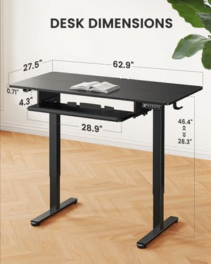 ErGear Large Electric Standing Desk with Keyboard Tray, 63x28 Inches Adjustable Height - Black