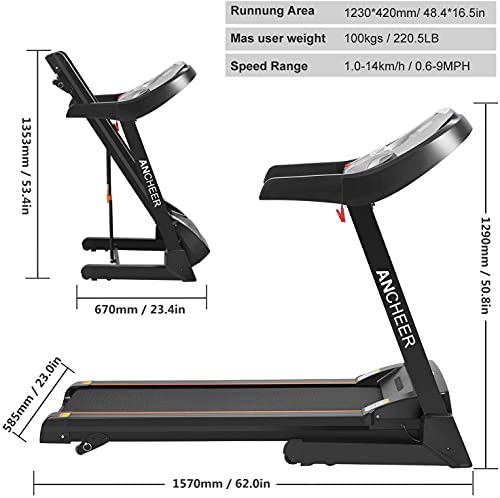 ANCHEER Folding Treadmill for Home Use, 2.25HP Electric Running, Jogging & Walking Machine with Bluetooth APP & Pulse Sensor, 2-Level Incline Adjustable 12 Preset Programs Compact Foldable
