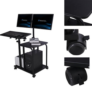 e-joy Mobile Compact Computer Cart Computer Desk PC Laptop Table Allow for 2 Monitors, Black