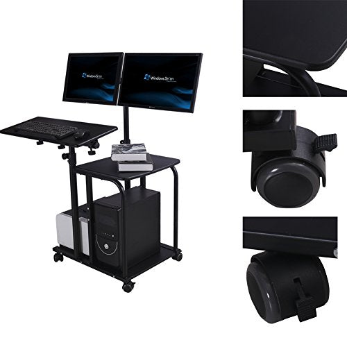 e-joy Mobile Compact Computer Cart Computer Desk PC Laptop Table Allow for 2 Monitors, Black
