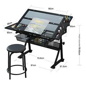 EESHHA Drawing Table Drafting Desk, Height Adjustable Artists Desk with Glass Tabletop and Storage Drawer (Natural Wood Color)