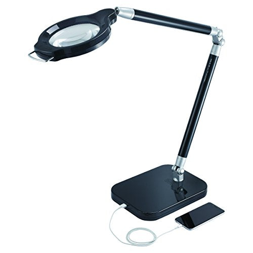BLACK+DECKER PureOptics Summit Zoom Magnifier 10W Flicker-Free Natural Daylight LED Desk Lamp, 5-Diopter Lens, USB Port, 6 Dimming Levels (416 Lumens), Black (LED10ARCMAG-BLK)