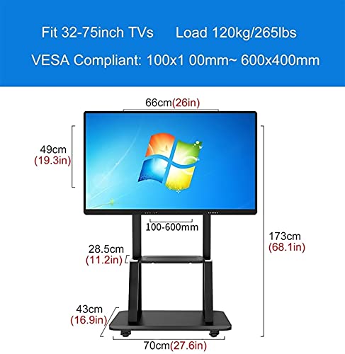 YokIma Mobile TV Stand with Wheels, Fits 43-75 Inch TV, Adjustable Height, Av Shelf, Black Heavy Duty Mount Stand