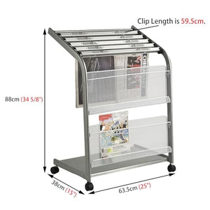 YANBI Magazine Holder Newspaper Display Rack with Wheels, Silver Mesh Desk Organizer Stand