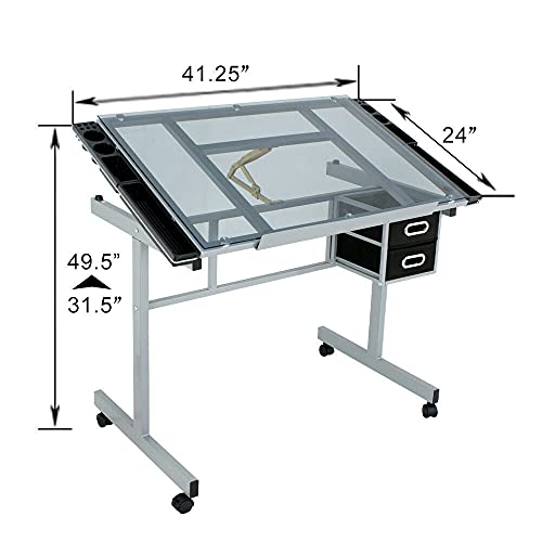 Drawing Desk Station Tempered Glass Adjustable Drafting Table W 4 Wheels Home YJYDD