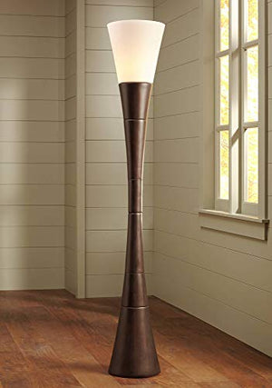 Modern Torchiere Floor Lamp Urban Coffee Wood White Glass Shade Floor Dimmer for Living Room Bedroom Uplight - Possini Euro Design