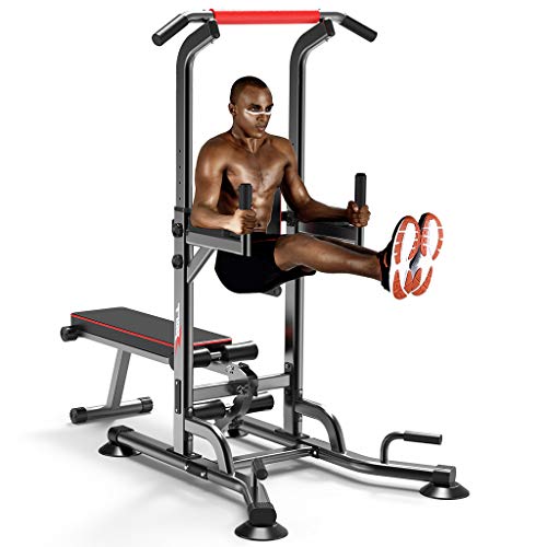 Tengma Power Tower with Bench, Pull Up Bar Dip Station, Height Adjustable Pull Up Tower for Home Gym Strength Training Exercise Workout Equipment, Support Up to 330LBS