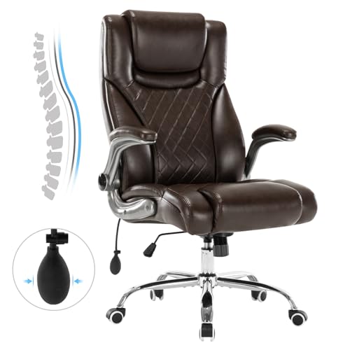 Seevoo Executive Office Chair - High Back Swivel Computer Desk Chair with Adjustable Lumbar Support and Flip-Up Arms - Brown PU Leather