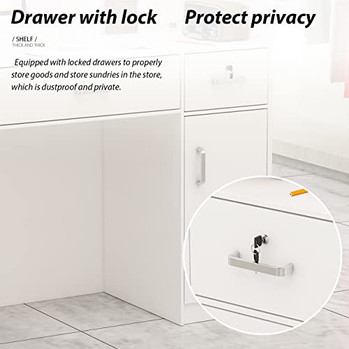 AGOTENI Reception Desk with Open Shelf & Drawers, Lockable Drawer, Wooden Counter (White)
