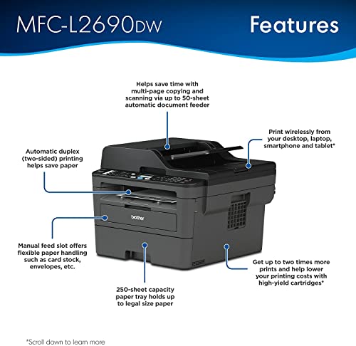 Brother MFC L26 Series Compact Monochrome Laser Printer, All-in-One, 2400 x 600 dpi, Wireless, Mobile Printing