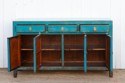 Lschool Antique Painted Sapphire Credenza - Distressed Aqua Blue Sideboard