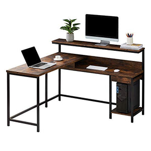 TANGFUTI L-Shaped Computer Desk with Monitor Shelf and CPU Stand, Industrial Corner Office Desk Study Desk Large Workstation for Home and Office (Brown)