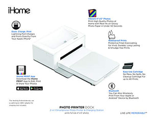 iHome® Photo Printer Dock, Full Size 4x6 inch Printouts (White)