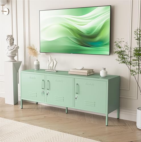 Aiasuit Metal TV Stand Lockers with Adjustable Dividers - Green, 23.62”H x 59.05”W x 14.96”D