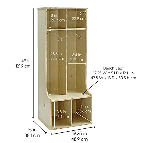FDP Birch 2-Section Coat Locker with Bench, Storage Cubbies and Coat Hooks; Durable, Sturdy Furniture for Home, Daycare, Preschool, Classroom; Store Backpacks, Jackets, Shoes - Natural, 13138-NT