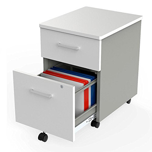 Linea Italia 2 Drawer Mobile Metal Pedestal Filing Cabinet with Lock, Safety Caster Wheels - White, 20" x 17" x 24