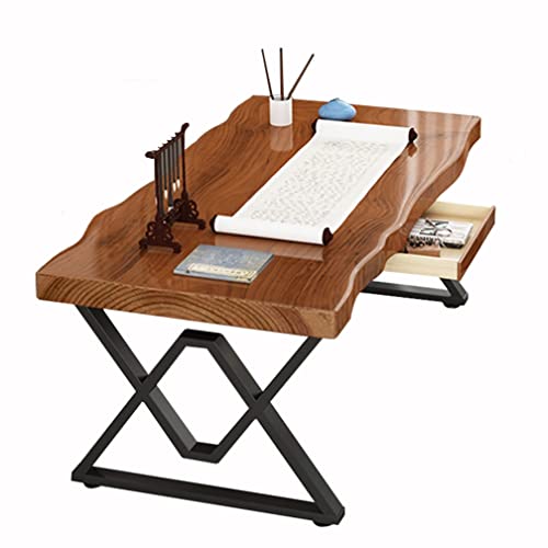 Solid Wood Computer Desk with Drawer and Sturdy Metal Bracket, 5cm Pine Panel Game Table Study Desk (300x120x75cm)