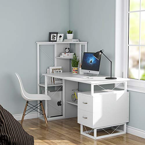 Tribesigns Computer Desk with Drawers, Functional Writing Desk with Corner Tower Shelves Works as Home Office Compact Workstation Desk for Small Space (All White)