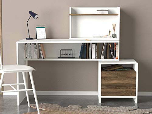 MAKENZA Vertigo Office Desk Modern Living Room Furniture with Adjustable Shelves & One Hidden Cabinet, Writing Workstation Table Compatible for Home, Office Study (White-Walnut)