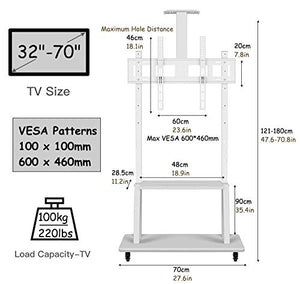 LEFEDA Mobile TV Cart, White Universal Stand for 32-70 Inch TVs, Heavy Duty with AV Shelf & Mount, 120Kg Load