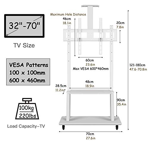 YokIma White Universal TV Stand for 32-70 Inch TVs, Heavy Duty Mobile Cart with AV Shelf & Mount - 120kg Load