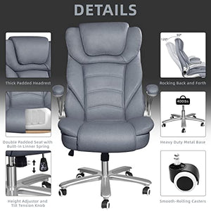 Sucrever Executive Office Chair, Big and Tall 400lbs, High Back Leather Chair Lumbar Support, Adjustable Armrest, Grey/Blue