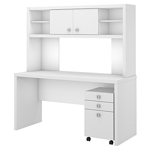 Office by kathy ireland Echo Credenza Desk with Hutch and Mobile File Cabinet in Pure White