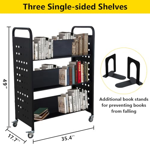 MERXENG Library Book Cart, 200LBS Capacity, 35x18x49 Rolling Cart with Lockable Wheels