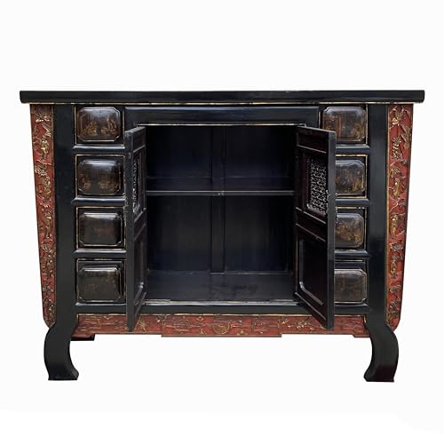 orientliving Chinese Brown Bold Graphic Credenza Table Cabinet Acs7758